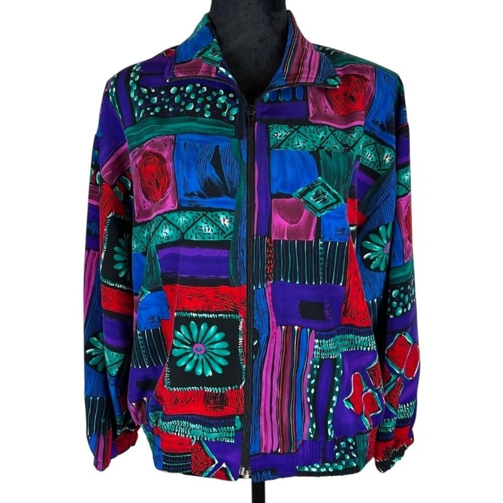 Vintage Abstract Jacket Patchwork Print Zipper Erin London Petite Size Medium
